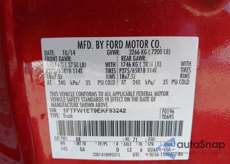 2014 Ford F-150 Xlt z USA, uszkodzony, nr VIN 1FTFW1ET9EKF93242